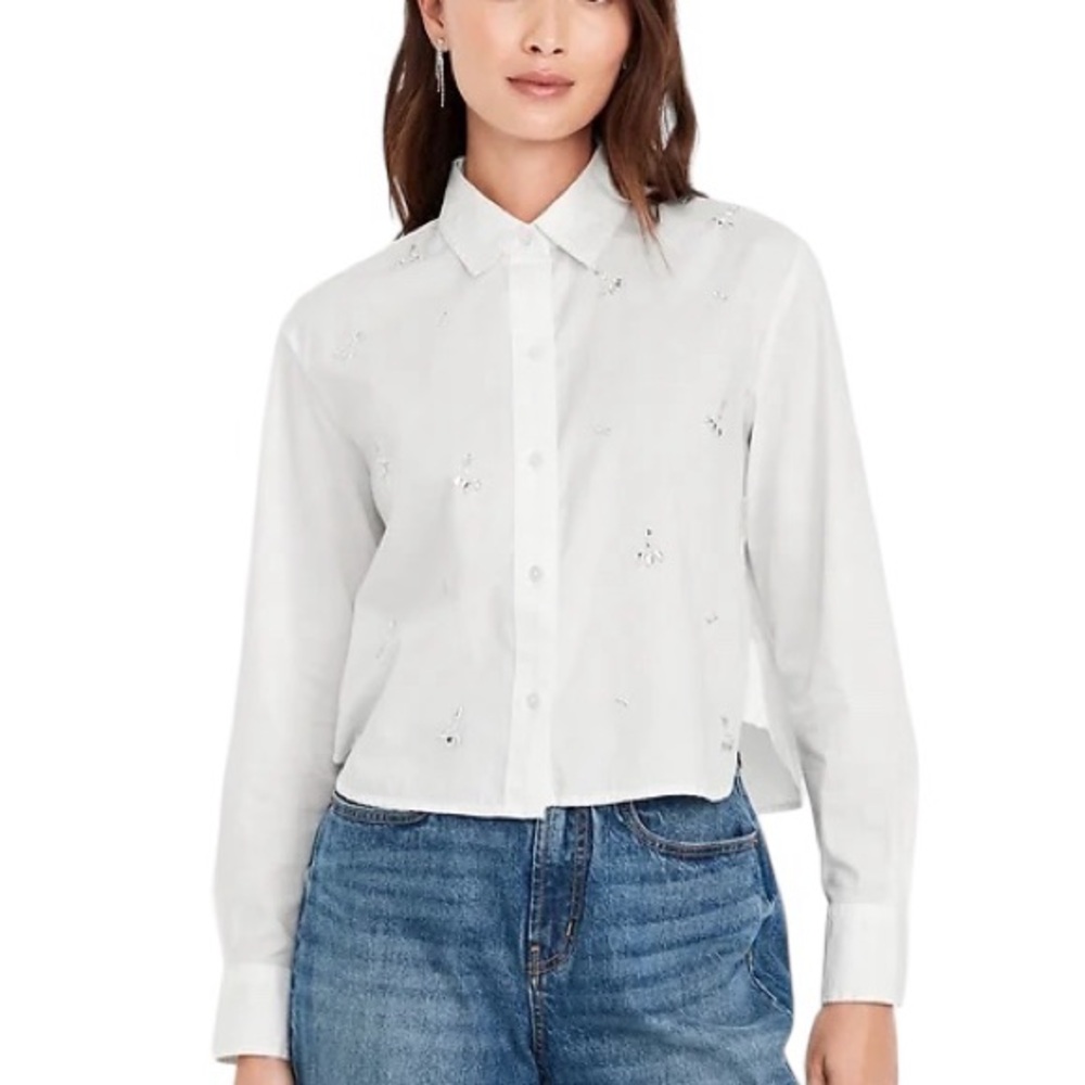 Old Navy White Embellished Button-Down Shirt Dress Shirt Bling Size Medium NWT